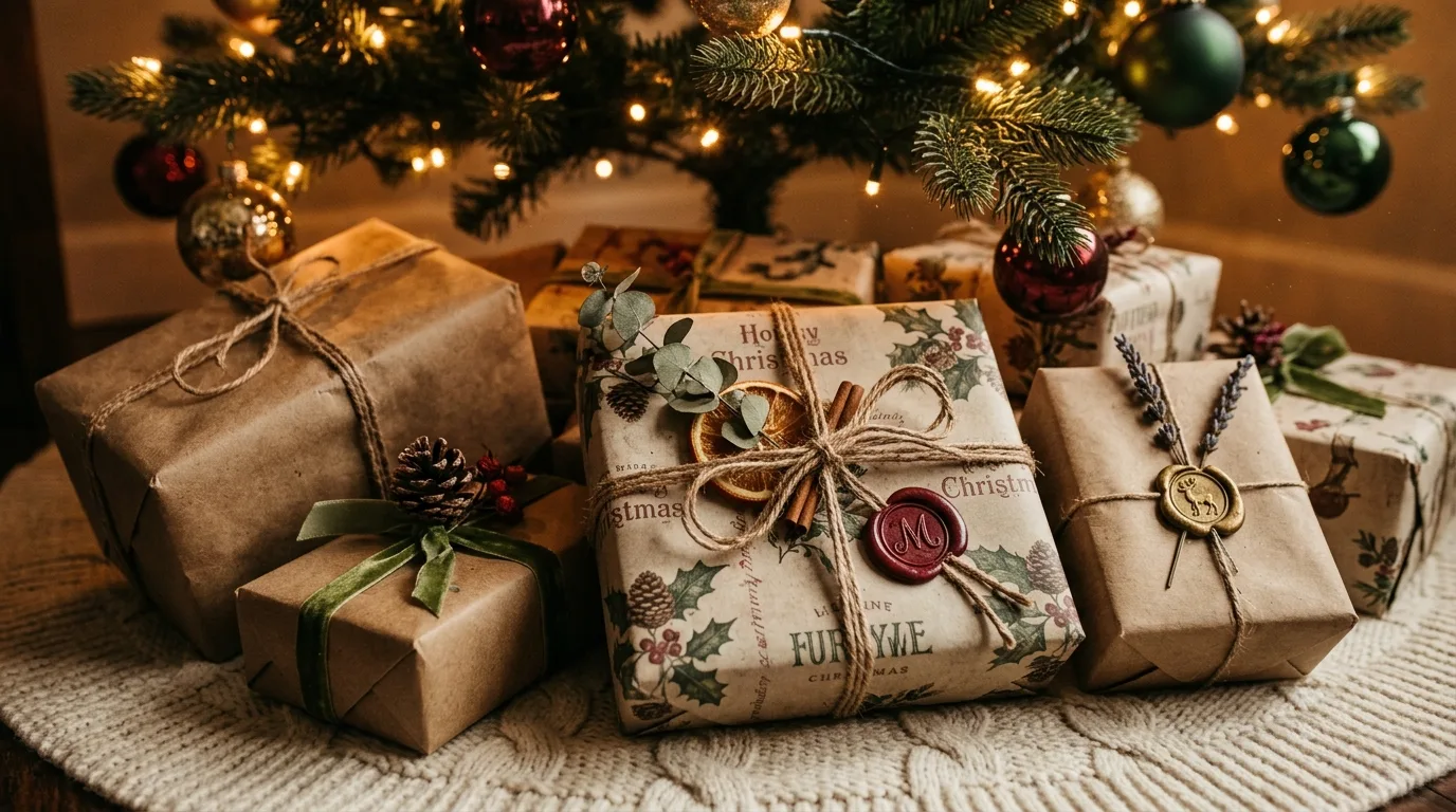 Wrapped gifts in vintage-style paper with twine and dried foliage.